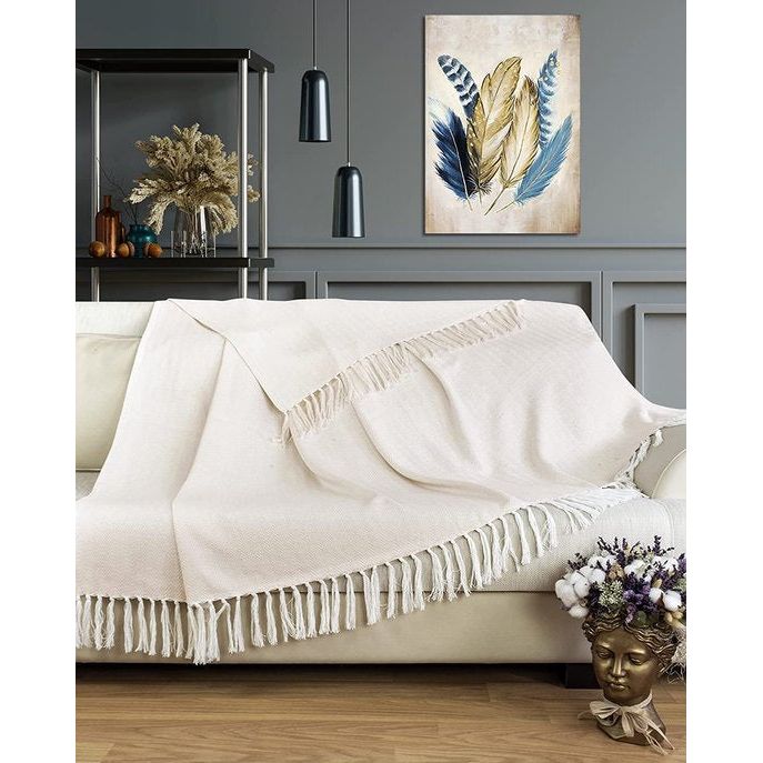 Premium sprei met franjes, 100% katoen, 180 x 240 cm, visgraatpatroon, zomerdeken, katoenen deken als bedsprei, bankdeken, crèmekleurig