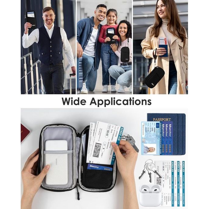 Paspoorttas, RFID Cross-Body paspoortorganizer, waterdichte portemonnee met 3 lagen voor reizen, voor het dragen van ID-kaarten, instapkaart, mobiele telefoon, powerbanks en kaarten, zwart, casual
