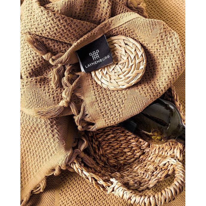 Premium sprei met handgeknoopte franjes - 100% katoen - 200 x 220 cm XXL - wafelpiqué zomerdeken - katoenen deken als bedsprei, bankovertrek & bankdeken (beige)