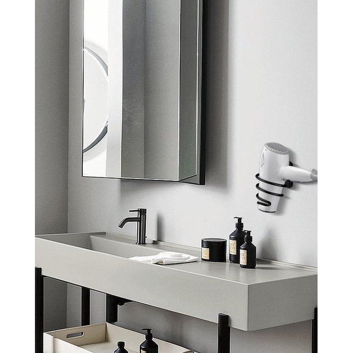 Föhnhouder, föhnhouder, föhnhouder, wandmontage, niet boren, zelfklevend, aluminium, met kabelhouder, zwart