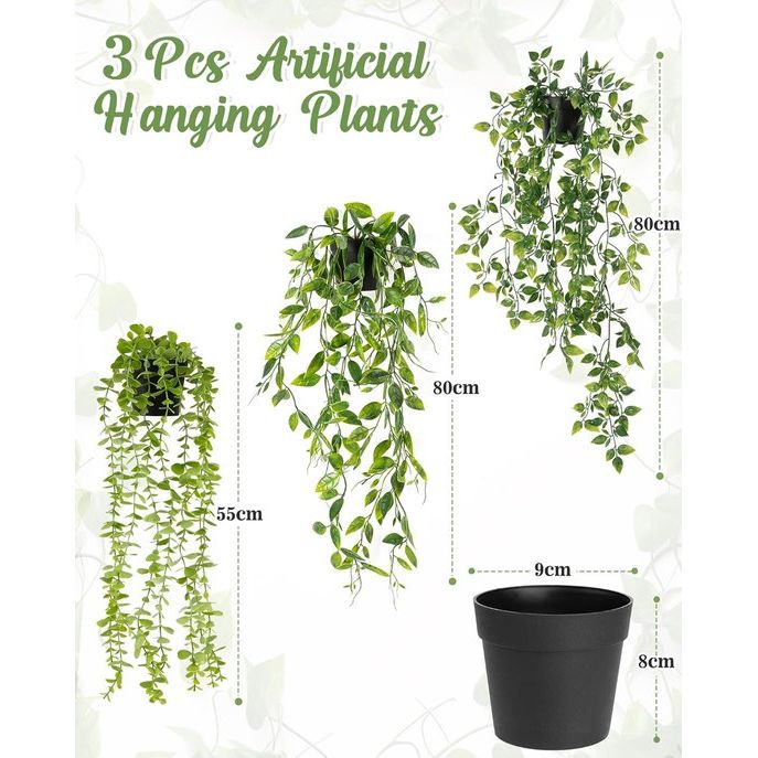 Kunstplanten hangend, 3 stuks kunstmatige hangplanten, bossige herfstplanten, klimop kunstplanten, eucalyptus decoratie, mandala wijnstok voor binnenbalkon en buitentuindecoratie, 55-80 cm