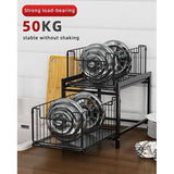 Keukenrek met 2 uittrekbare manden, schuifmand met 2 niveaus, uittrekbare laden, laden onder de spoelbak, kruidenrek met 2 niveaus, badkamerorganizer, zwarte onderkastplank