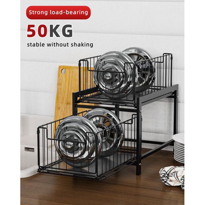 Keukenrek met 2 uittrekbare manden, schuifmand met 2 niveaus, uittrekbare laden, laden onder de spoelbak, kruidenrek met 2 niveaus, badkamerorganizer, zwarte onderkastplank