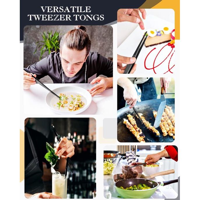 2 stuks 30,5 cm Kookpincet, tang, precisie, gekartelde punten, roestvrij staal, professioneel kooktriet, keukengereedschap voor grillen, coaten en serveren (zwart)