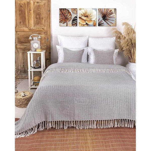 Premium sprei met franjes, 100% katoen, 180 x 240 cm, visgraatpatroon, zomerdeken, katoenen deken als bedsprei, bankdeken, grijs