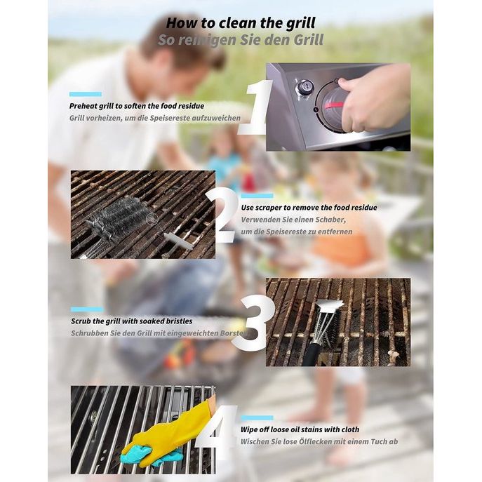 Grillborstels, reinigingsborstels met extra lange borstelharen, tandenborstelspatel en PP-warmed-isolatiegreep, voor gasgrill, houtskoolgrill, kogelgrill, elektrische grill en grillrooster.