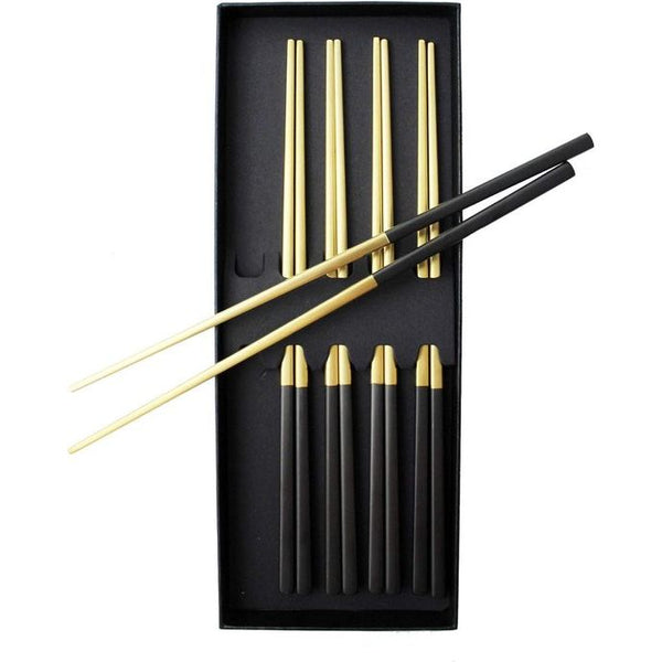 Eetstokjes van hoogwaardig roestvrij staal 18/10 - kleur: zwart-goud - stijlvol design - 5 personen - 10-delig - de chopsticks zijn vaatwasmachinebestendig