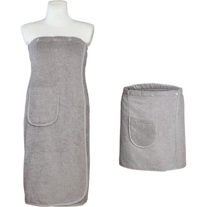 Sauna kilt set dames en heren grijs I badstof saunajurk 80 x 140 cm & saunarok 50 x 140 cm I zacht katoen Ãko-Tex 100 I saunahanddoeken aanpasbaar met 5-voudige knoopsluiting, elastische tailleband & tas