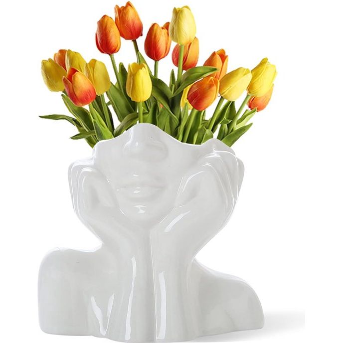 Gezichtsvaas, Bloem Vaas Bureau Decor, Keramische Lichaamsvaas Vrouwelijke Vorm Ideale Plank, Moderne Boerderijtafel, Kleine Leuke Boekenkast Half Gezicht (Stijl-C)