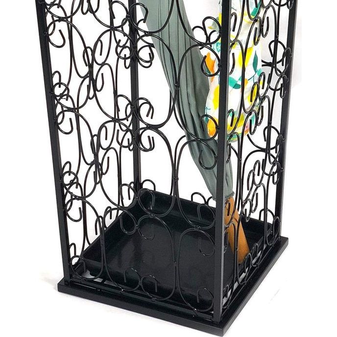 Grote zwarte metalen paraplubak, wandelstok, thuiskantoor, hal, opbergruimte, met 4 haken aan de bovenkant en een bodem die regenwater lekt, 56 x 25 x 25 cm