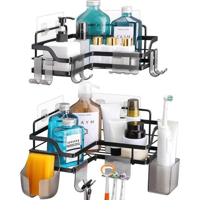 Shower Shelf No Drilling Black Shower Shelf Rustproof Stainless Steel Bathroom Shelf Wall Self-Adhesive Shower Basket with 10 Hooks Shampoo Holder for Shower Pack of 2 for Bathroom and Kitchen