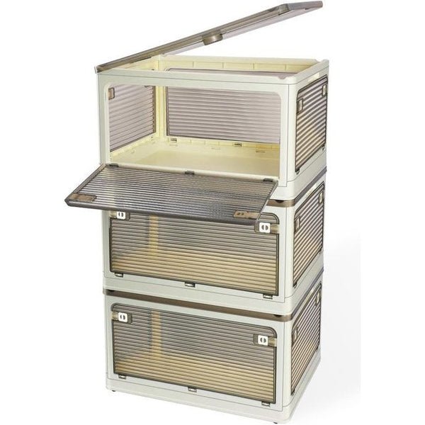 3-delige grote opvouwbare opbergdoos met deksel, opbergdozen, stapelbare kisten, opbergdoos, kunststof box, klapbox met deuren en wielen, transparant, voor woonkamer, keuken, levensmiddelen