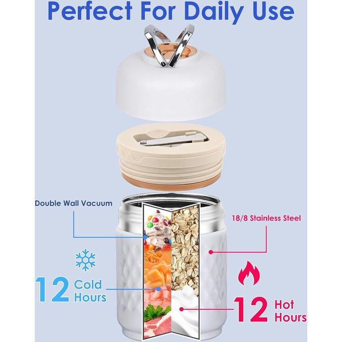 Thermocontainer voor eten, 700 ml, roestvrij staal, warmhoudcontainer, voedselpot voor eten met draagbare draaggreep, thermosfles eten, lekvrij, 12 uur warm, 12 uur koud (wit)