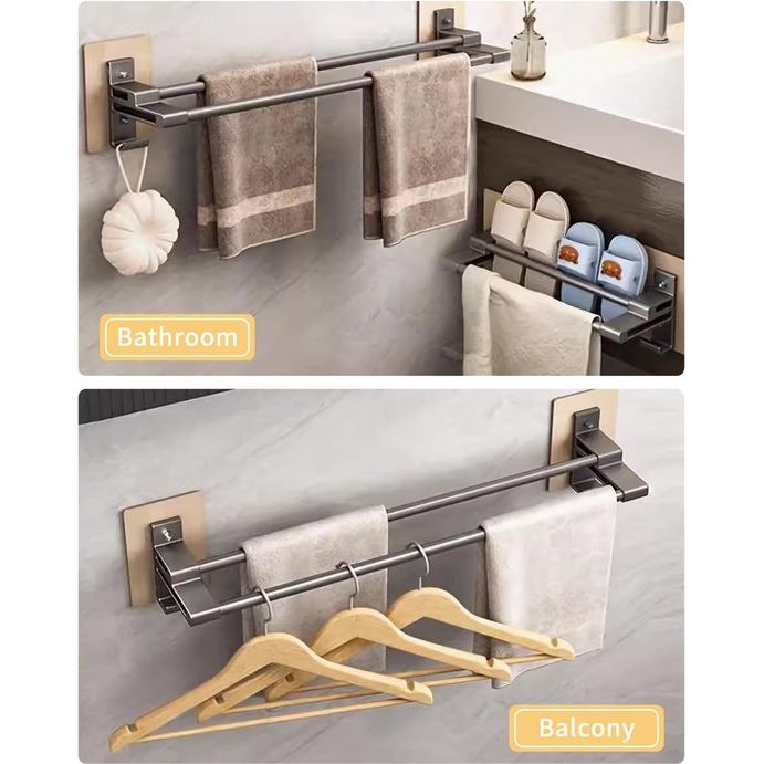 Badhanddoekhouder, zonder boren, zwart zelfklevend handdoekrek met antiroest aluminium, 2-laags dubbele stang, wandgemonteerd handdoekenrek zwart en 2 haken voor badkamer keuken douche (58 cm)