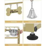 Verhoogde hondenbakken, 5 in hoogte verstelbare voerbakken, verhoogde hondenbakstandaard met 2 roestvrijstalen bakken, gekanteld ontwerp, eenvoudige installatie, met naamplaatje en bel, goud