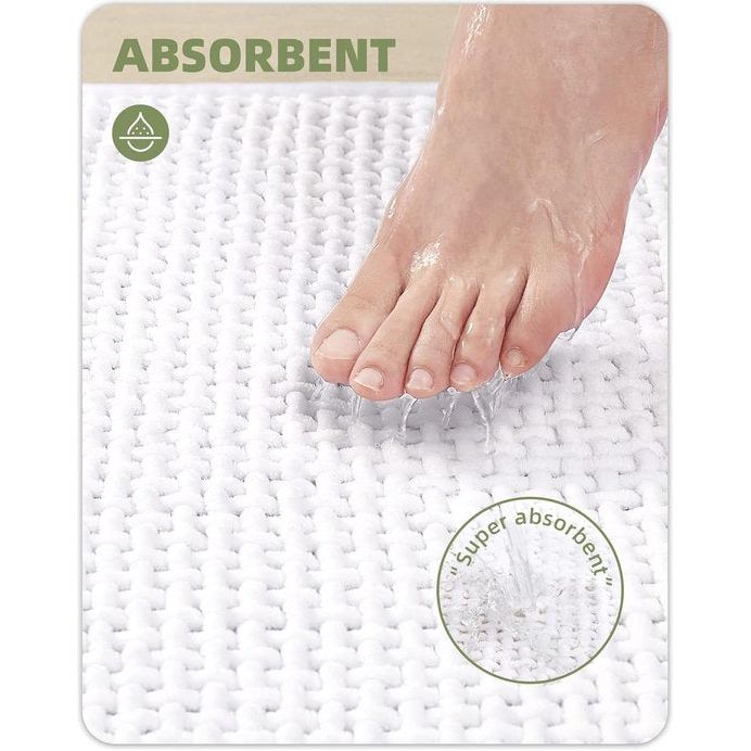 Badmat, antislip, wasbaar, 50 x 120 cm, zacht chenille, badkamertapijt, super absorberend, antislip, machinewasbaar, badmat voor douche, badkamer, bad, wit