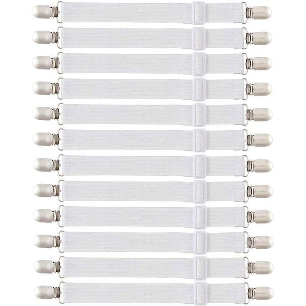 12 stuks bedlakenspanners, elastische hoeslakenspanners, verstelbare hoeslakenhouder, wit, lakenspanner met metalen clips voor laken, matras, strijkplank of bank