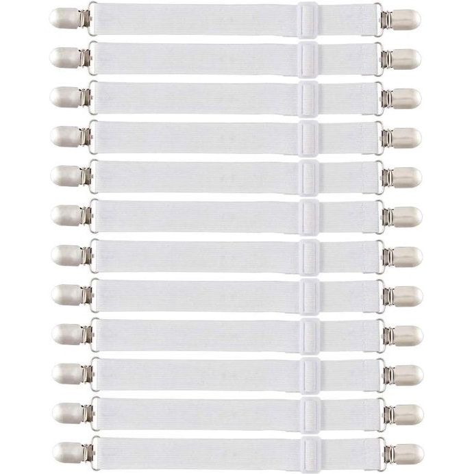 12 stuks bedlakenspanners, elastische hoeslakenspanners, verstelbare hoeslakenhouder, wit, lakenspanner met metalen clips voor laken, matras, strijkplank of bank