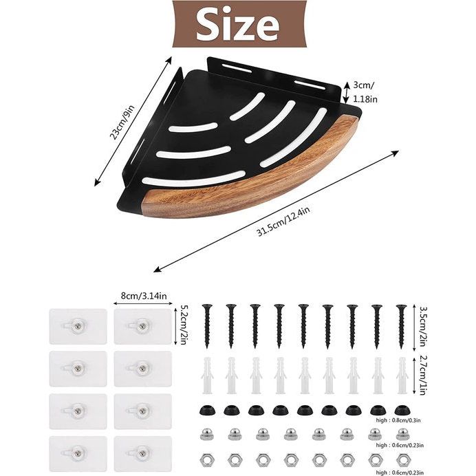 Doucherek, doucheplank zonder boringen, met walnoot, matzwart en driehoek, douchemand in walnootmazer, badkamerrek, walnoot ferrolegering, 2 stuks