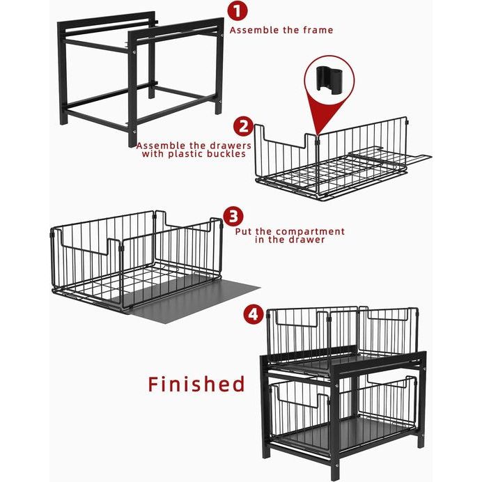 Keukenrek met 2 uittrekbare manden, schuifmand met 2 niveaus, uittrekbare laden, laden onder de spoelbak, kruidenrek met 2 niveaus, badkamerorganizer, zwarte onderkastplank