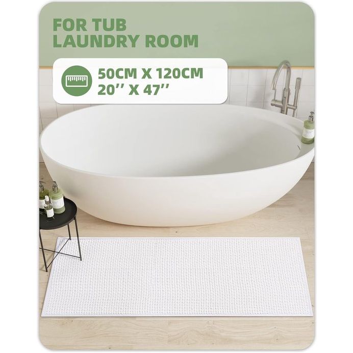 Badmat, antislip, wasbaar, 50 x 120 cm, zacht chenille, badkamertapijt, super absorberend, antislip, machinewasbaar, badmat voor douche, badkamer, bad, wit