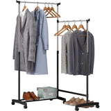 Kledingrek met wieltjes, kapstok met schoenenrek, 2 kledingstangen 1 in hoogte verstelbaar, L-vormig en recht verstelbaar, van metaal, zwart