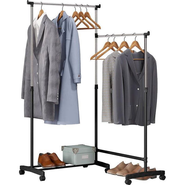 Kledingrek met wieltjes, kapstok met schoenenrek, 2 kledingstangen 1 in hoogte verstelbaar, L-vormig en recht verstelbaar, van metaal, zwart