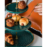 Cupcake-standaard, keramiek, taartstandaard met 3-laags ingelegde gouden dieren, tafels, fruitborden voor salontafel, decoratie, cupcake en borden, dessert, standaard (groen)