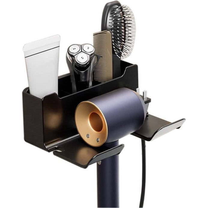 Föhnhouder voor aan de muur, zonder boren, zwart, föhnhouder met stekkerhouder en opslag, zelfklevende föhnhouder van ABS voor badkamer, barbershop, hotel