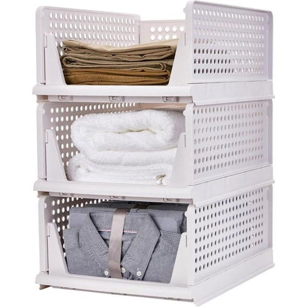 Pack of 3 Organiser, Wardrobe Stackable, Stackable Wardrobe Storage Box, Wardrobe Storage Boxes, Foldable Storage Boxes, Drawer Plastic Shelf Basket, 43 x 33.5 x 18.5 cm