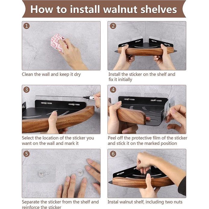 Doucherek, doucheplank zonder boringen, met walnoot, matzwart en driehoek, douchemand in walnootmazer, badkamerrek, walnoot ferrolegering, 2 stuks