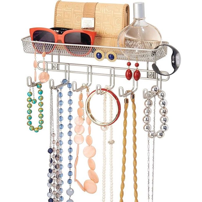 Sieradenopberger om op te hangen, wandmontage, met 6 haken en een vak, 27,9 cm, modieuze sieradenorganizer voor brillen, kettingen en accessoires, sieradenhouder om op te hangen, kleur: gesatineerd