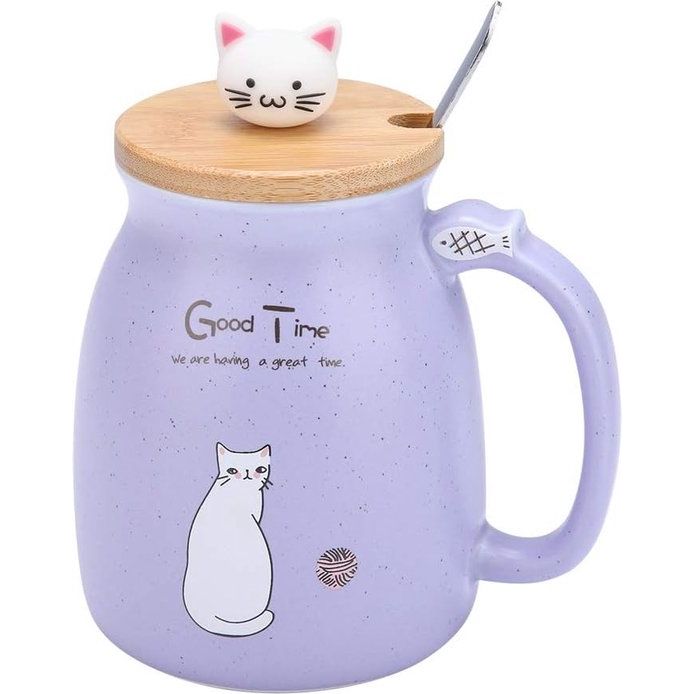 Keramische kom - 420 ml - mooie kat, met lepel en houten deksel - koffie, water, melk, beker om te drinken - Lila