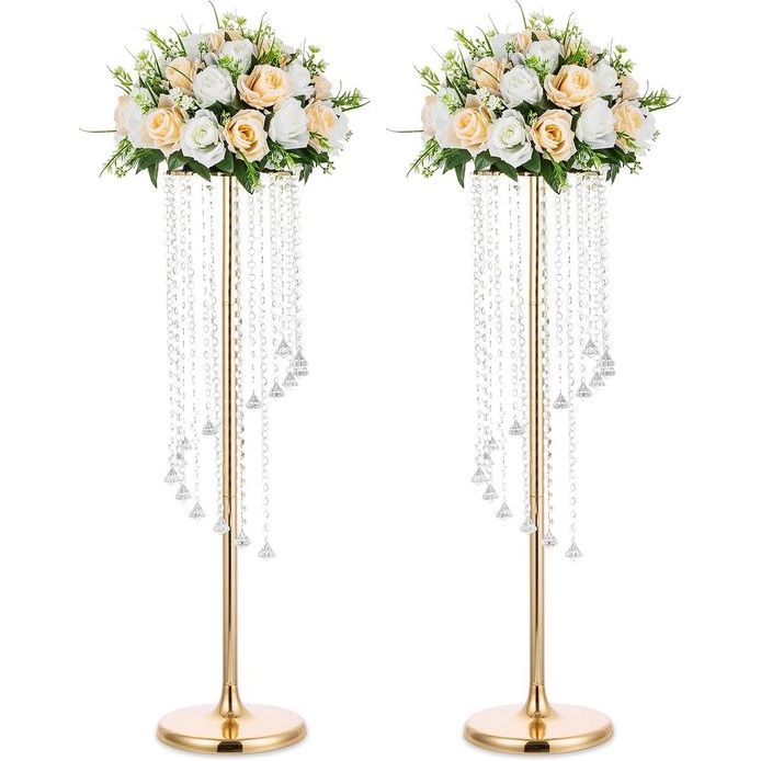 2 stuks bruiloftsdecoraties, gouden vazen, 90 cm, hoge kristallen bloemenvaas, metalen bloemenstandaard voor feesttafeldecoraties, elegante massa-bruiloftsdecoratie, tafelkroonluchter,