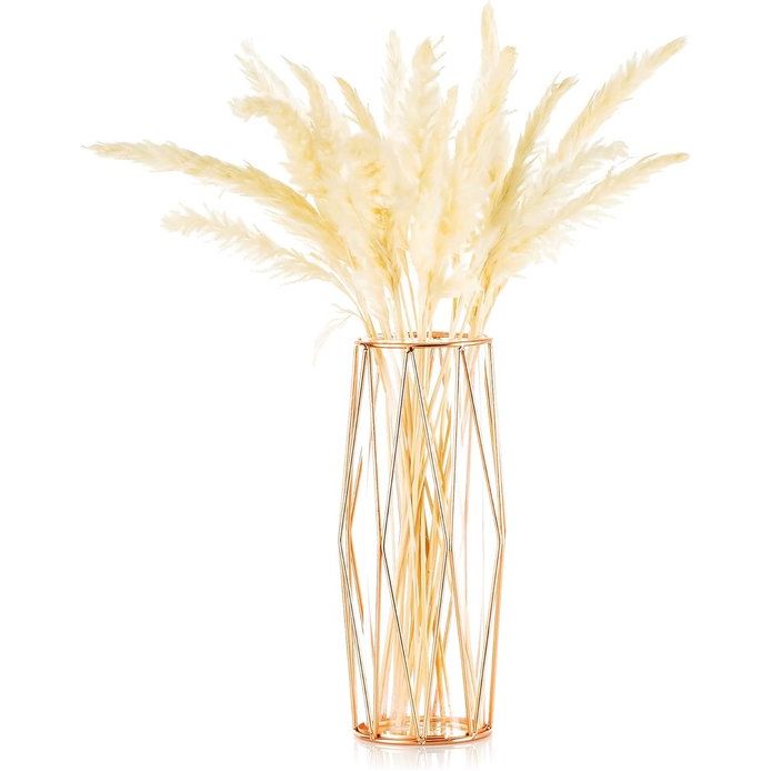 Vaas voor pampasgras, glas, roségoud, vaas, hoge vloervaas met geometrisch metalen frame, knopbloempot, voor Scandinavische decoratie voor bureau, bruiloftsmiddenstuk, 27 cm hoog