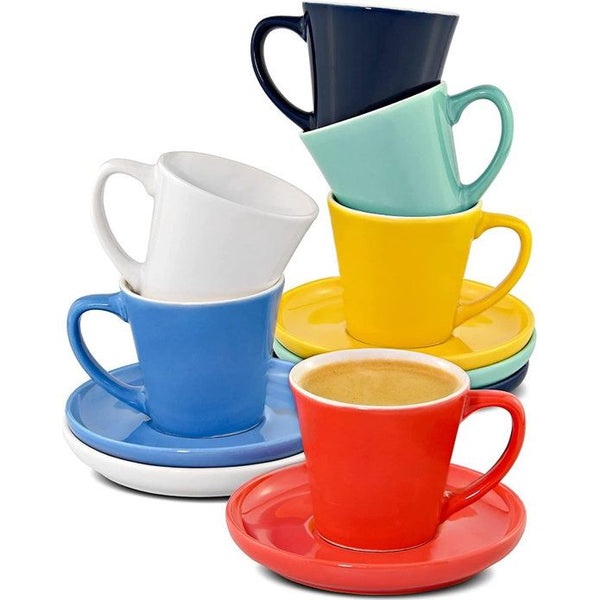 Set van 6 Espresso Kopjes Kleurrijk met Schotels - Keramisch - Houdt Lang Warm - Moderne Kleurenmix - Geschenkverpakking - 70ml