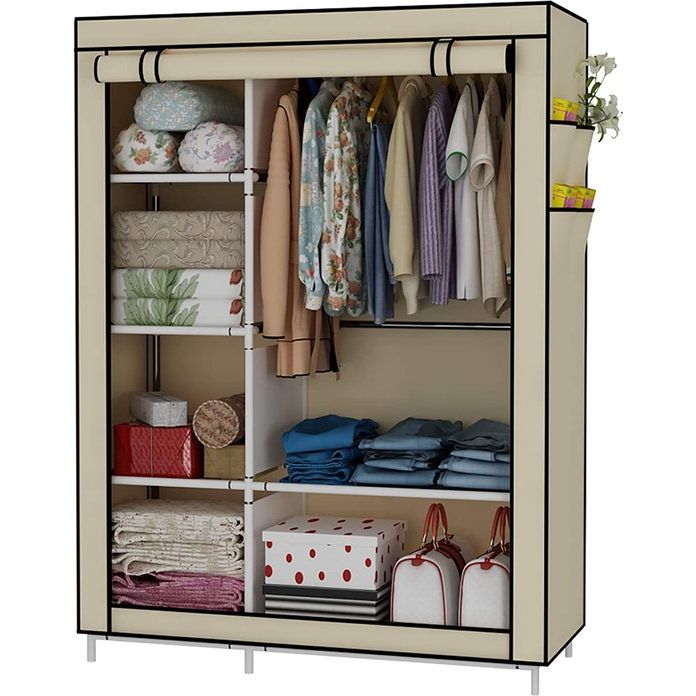 UDEAR Closet Organizer Kledingkast Kledingopslagplanken, Niet-geweven Stoffen Hoes met Zijzakken, 105 * 45 * 170 CM,Beige