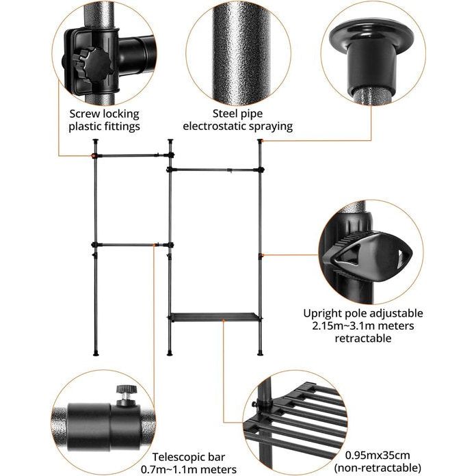 Telescopische kledingkast, telescopische kledingstang, voor slaapzaal, kleedkamer, slaapkamer, belasting per paal 50 kg, zwart