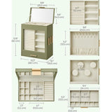 Sieradendoos, sieradendoos 5 niveaus, sieradendoos met glazen ramen, zijladen, grote spiegel, sieradenopslag, 15,5 x 26,1 x 32 cm, lauriergroen-metallic goud