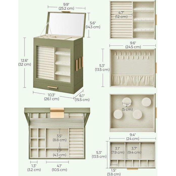 Sieradendoos, sieradendoos 5 niveaus, sieradendoos met glazen ramen, zijladen, grote spiegel, sieradenopslag, 15,5 x 26,1 x 32 cm, lauriergroen-metallic goud