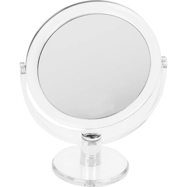 Staande spiegel rond dubbelzijdig normaal en 7x vergroting make-up spiegel diameter 16 cm hoogte 22 cm metaal/acryl