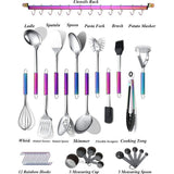 Rainbow keukengereiset 38-delig, roestvrijstalen pannenset, keukengadgets met keukengereihouder en haak om op te hangen.Vaatwasmachinebestendig
