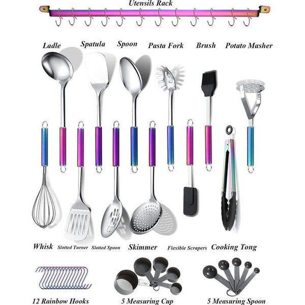 Rainbow keukengereiset 38-delig, roestvrijstalen pannenset, keukengadgets met keukengereihouder en haak om op te hangen.Vaatwasmachinebestendig