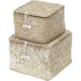 Opbergmand van zeegras met dekselset met 2 stapelbare manden, natuurlijk zeegras, geweven, vierkante manden voor rekken, organizer, dozen, opslag van cosmetica, sieraden, naalddraden