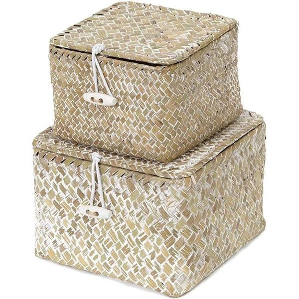 Opbergmand van zeegras met dekselset met 2 stapelbare manden, natuurlijk zeegras, geweven, vierkante manden voor rekken, organizer, dozen, opslag van cosmetica, sieraden, naalddraden