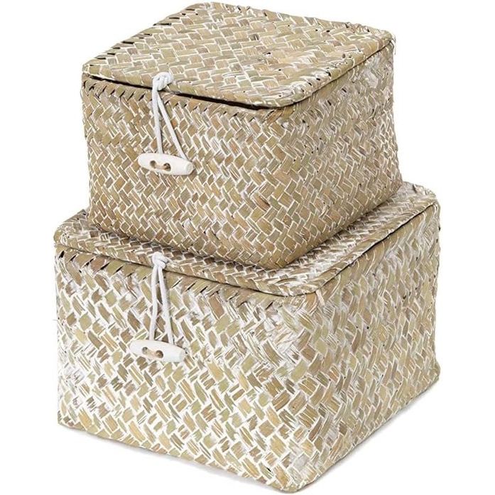 Opbergmand van zeegras met dekselset met 2 stapelbare manden, natuurlijk zeegras, geweven, vierkante manden voor rekken, organizer, dozen, opslag van cosmetica, sieraden, naalddraden