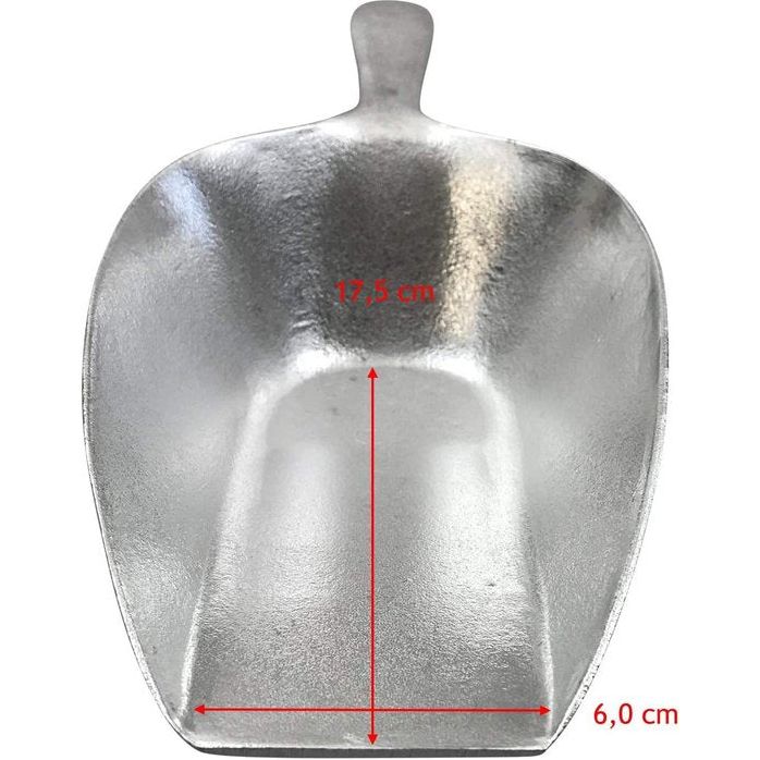 Extra grote meelschep, zakschep, voederschep, zak voer, meel, suiker, schep, giet van metaal en aluminium, niet roestend, 35 cm afweegschep bij 750 ml diervoer, granen