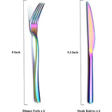 Bestekset, 12-delig, premium roestvrij staal, 6 tafelvorken en 6 tafelmessen, steakvorken voor 6 personen, vaatwasmachinebestendig (glanzend bont)