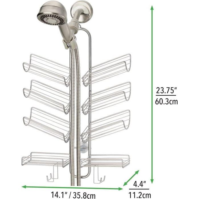 Doucherek om op te hangen, praktisch, montage zonder boren, metaal, met mandjes en haken voor het opbergen van douche-accessoires, zilverkleuren