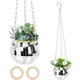 2 x discobol plantenbakken, spiegelbol hangende bloempotten met ketting en houten ring, discobol plantenhanger, boho plantenbak om op te hangen voor binnen- en buitendecoratie, lengte 48 cm